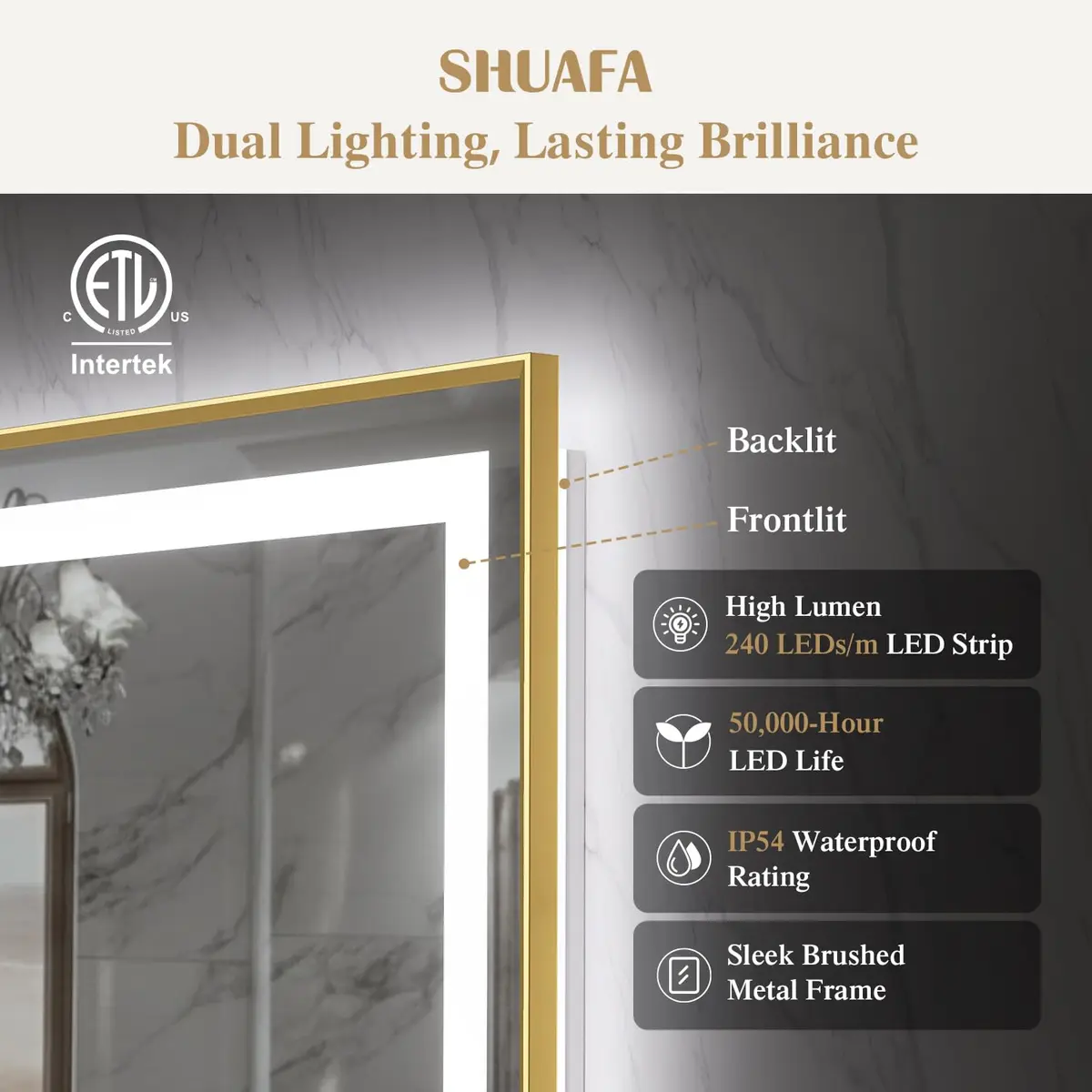 SHUAFA 40X36 Inch LED Bathroom Mirror with Lights, Gold Frame | Anti-Fog, Memory Function, ETL Certified - view 4