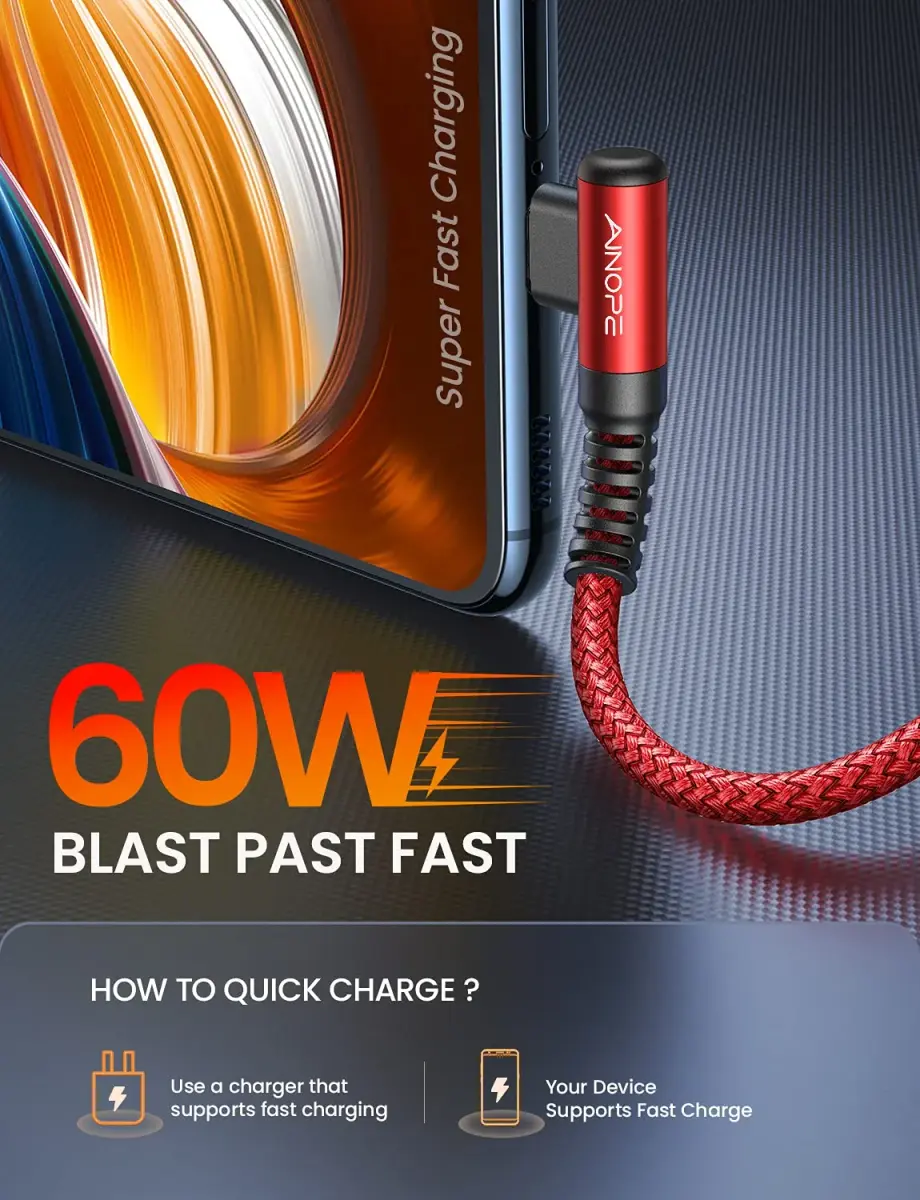 AINOPE Red 1.5FT USB C to USB C Cable | 60W Fast Charging & Data Transfer | Right Angle Design - view 2