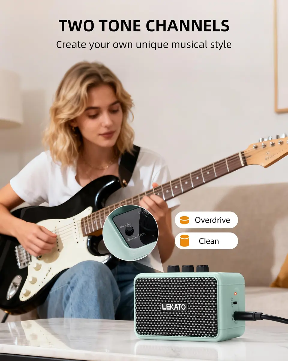 LEKATO Mini Guitar Amplifier, 5W Dual Speakers, Bluetooth, Rechargeable, 6H Playtime, Headphone Jack, Portable (Blue) - view 2
