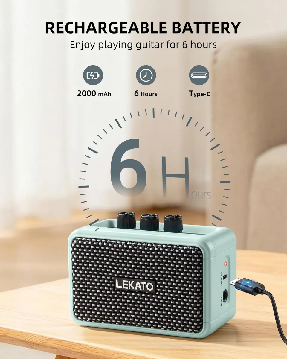 LEKATO Mini Guitar Amplifier, 5W Dual Speakers, Bluetooth, Rechargeable, 6H Playtime, Headphone Jack, Portable (Blue) - view 3