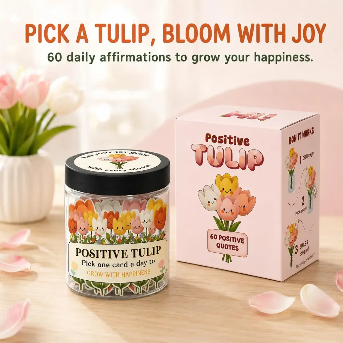 DEARMINE Positive Tulip Jar with 60 Affirmation Cards | 7.3cm (2.87in) Diameter - view 2