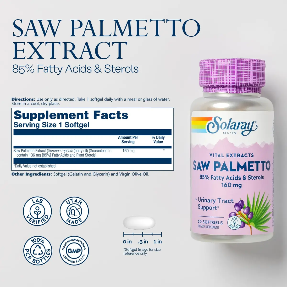 SOLARAY Saw Palmetto Extract 136 mg | Prostate & Urinary Support, Lab Verified, 60 Servings, 2-Pack - view 2