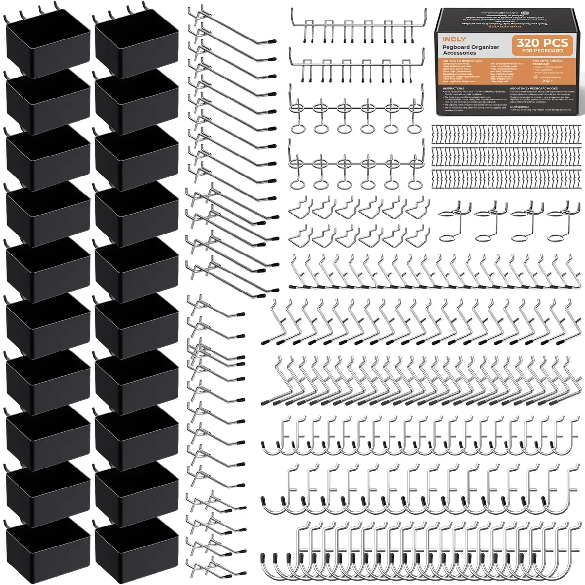 INCLY 320PCS Pegboard Accessories Organizer Kit with Peg Board Hooks & Bins, 2.52 kg (5.56 lb) | Garage & Workshop Storage Solution - main product image