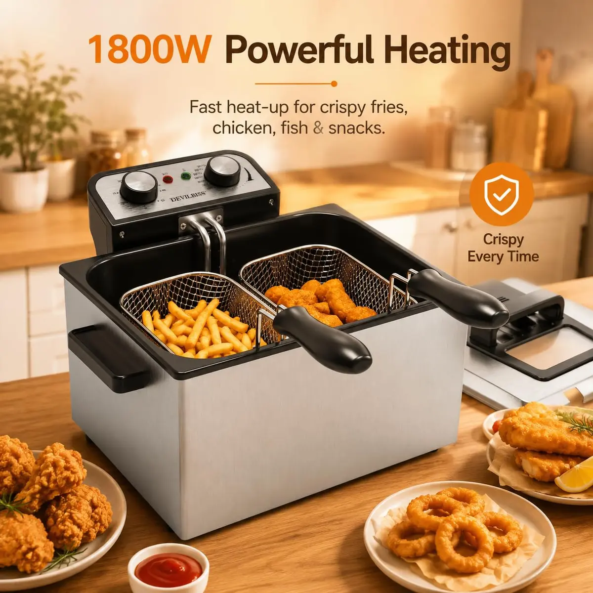 Vexon Electric Deep Fryer 5L | 1800W Stainless Steel Countertop Fryer with Removable Basket & Adjustable Temp - view 2