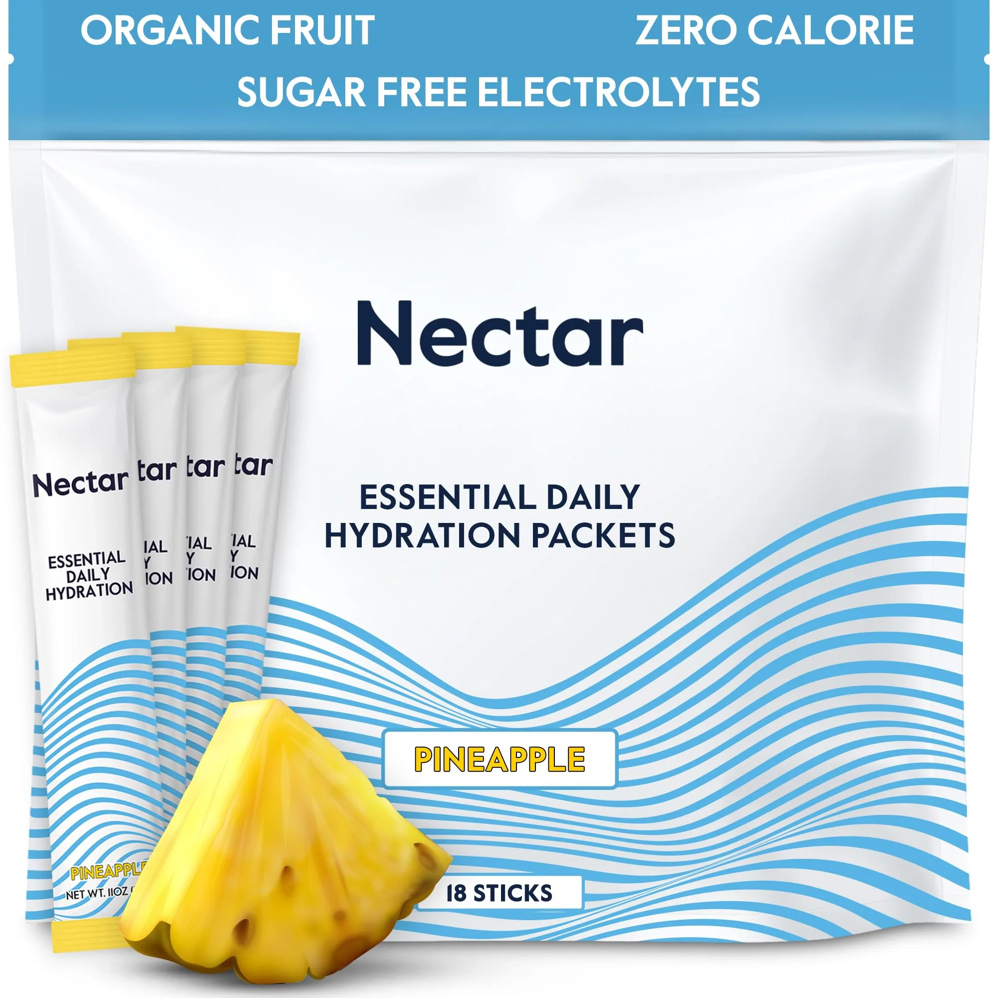 Nectar Hydration Packets Pineapple Flavor | Organic Fruit Liquid Daily IV Hydrate Sticks (18 Pack) - main product image