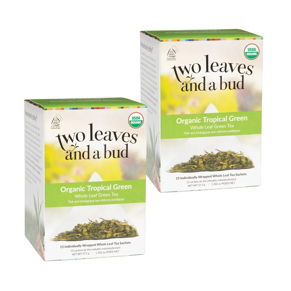 Two Leaves and a Bud Organic Tropical Green Tea, Whole Leaf Sencha Green Tea, 15 Count (Pack of 2) | Refreshing tropical flavor, versatile & hydrating - main product image