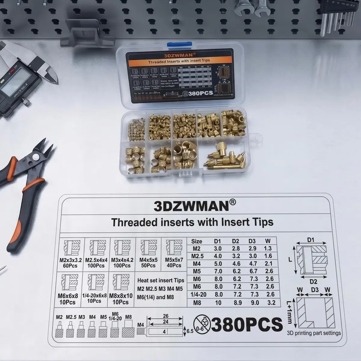 3DZWMAN Vertical Heat Set Insert Tool Press with 380PCS M2-M8 Brass Metric Knurled Inserts & 60W Soldering Iron | 210mm Insertion Height - view 4