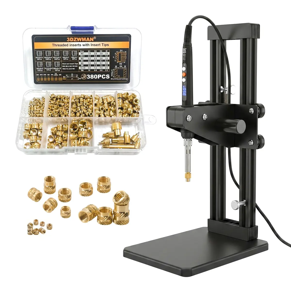 3DZWMAN Vertical Heat Set Insert Tool Press with 380PCS M2-M8 Brass Metric Knurled Inserts & 60W Soldering Iron | 210mm Insertion Height - main product image