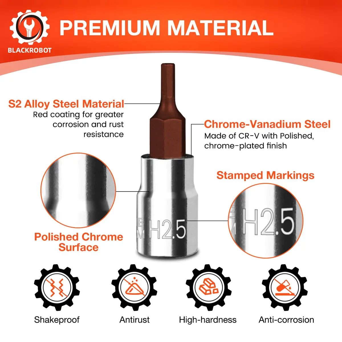 BLACKROBOT 2.5 mm Hex Bit Socket, 1/4 Inch Drive H2.5 Allen Key Socket, Metric, Full Polished, S2 Steel Head | Precision Insertion - view 3