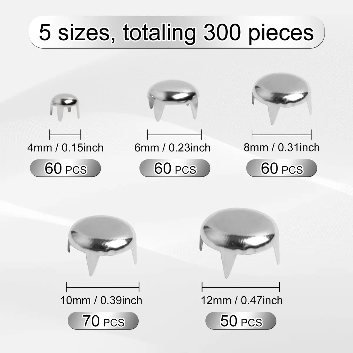 SBYURE 300 Pieces Round Dome Studs 5 Sizes Silver | Versatile Leathercraft Accessories for DIY & Clothing - view 2