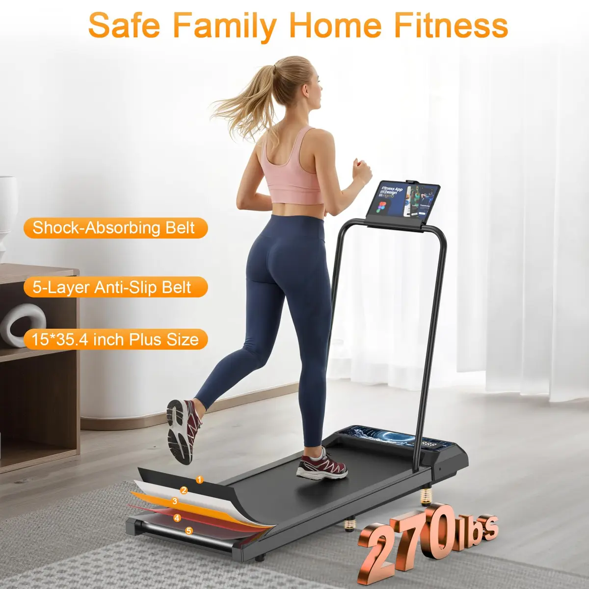 HOELLL Treadmill for Home Small with 0%-8% Incline & APP Sync | Compact Under Desk Walking Treadmill with Handle Bar, Remote & LED Display, 2.5HP - view 6