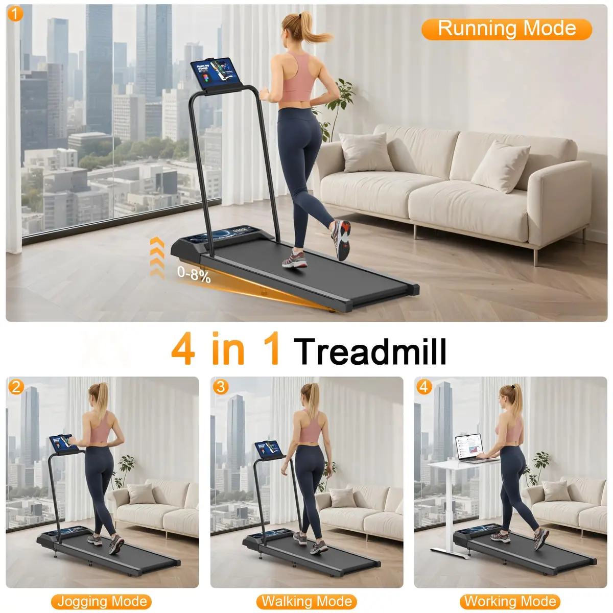 HOELLL Treadmill for Home Small with 0%-8% Incline & APP Sync | Compact Under Desk Walking Treadmill with Handle Bar, Remote & LED Display, 2.5HP - view 4