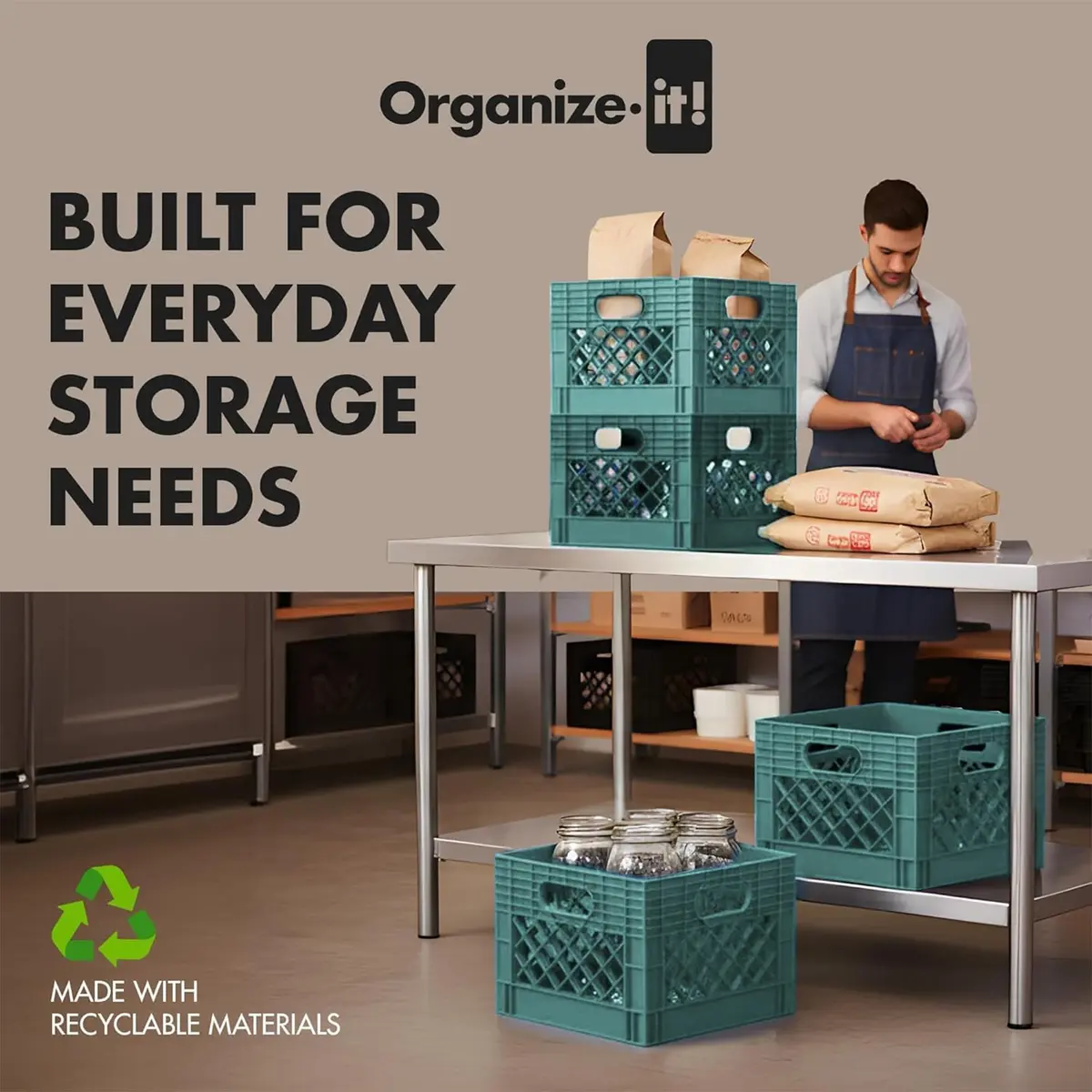 ORGANIZE-IT! Storage Milk Crate, Easy-Grip Handles, 12.25-In, Teal, 4-Pack | Classic Stackable Storage Solution - view 4