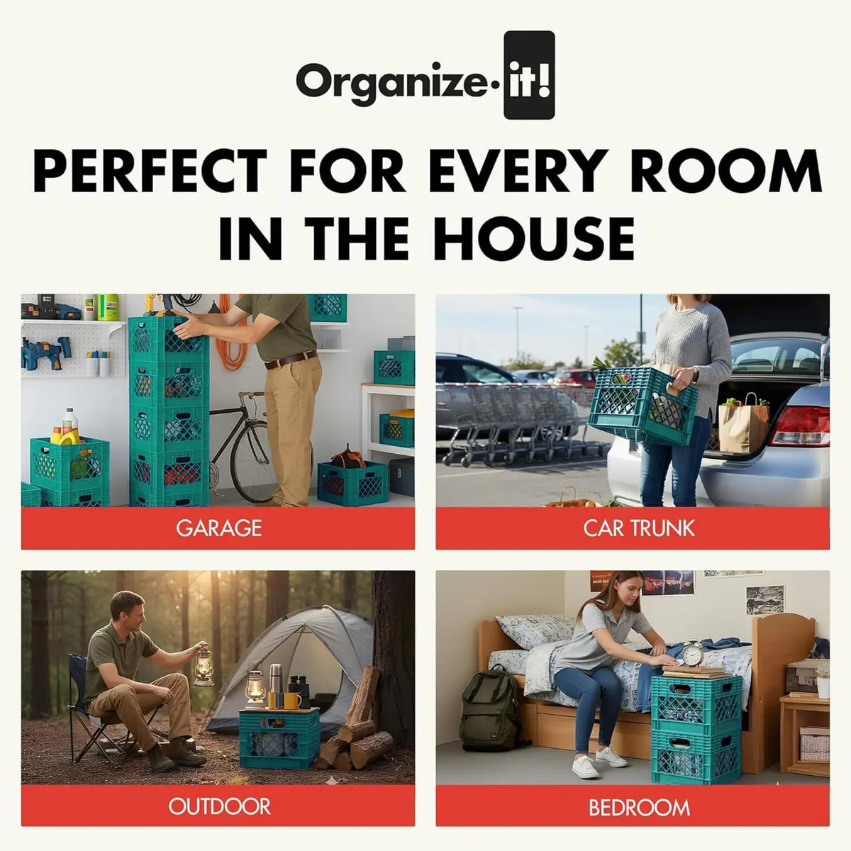 ORGANIZE-IT! Storage Milk Crate, Easy-Grip Handles, 12.25-In, Teal, 4-Pack | Classic Stackable Storage Solution - view 5