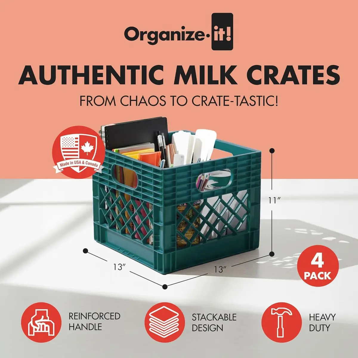 ORGANIZE-IT! Storage Milk Crate, Easy-Grip Handles, 12.25-In, Teal, 4-Pack | Classic Stackable Storage Solution - view 2