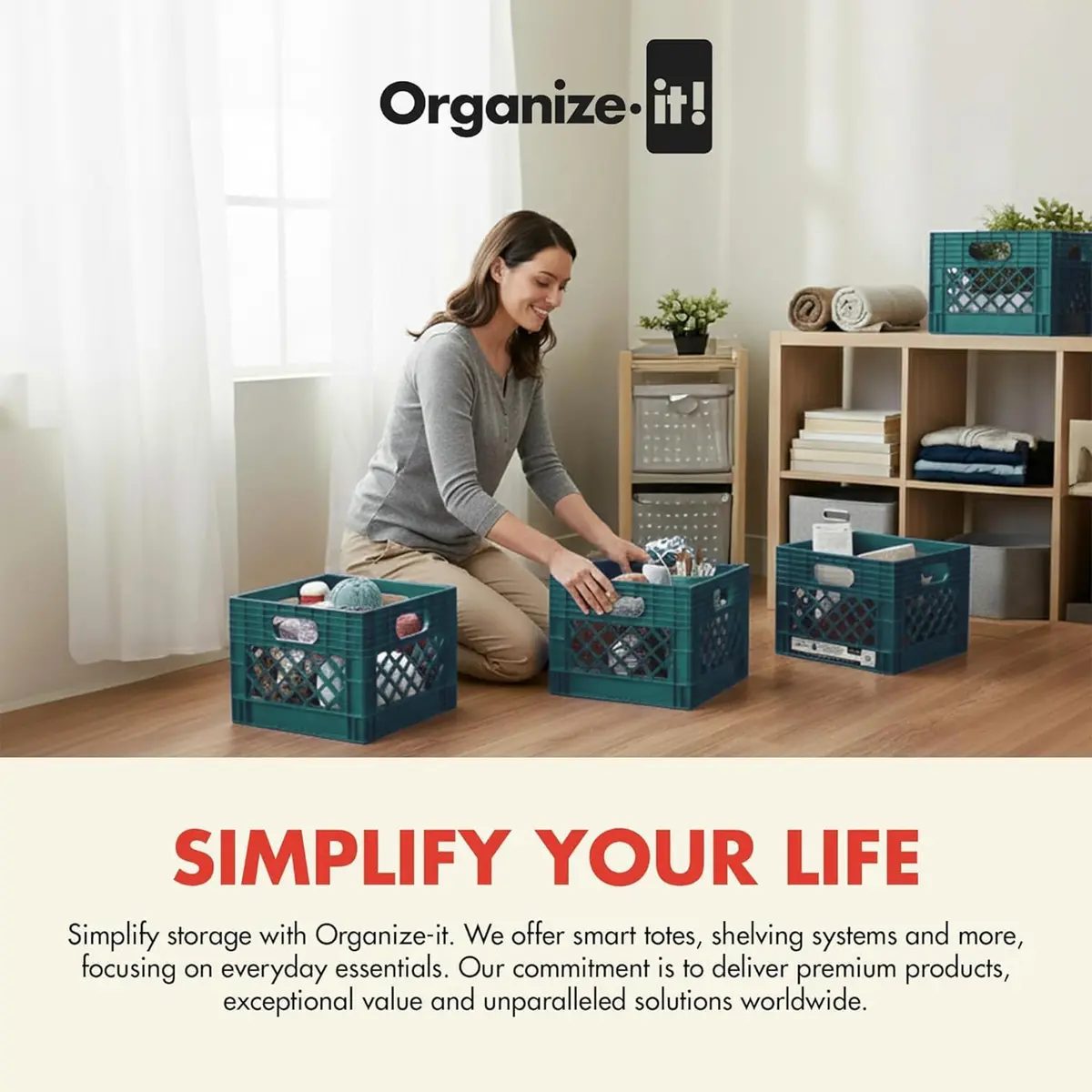 ORGANIZE-IT! Storage Milk Crate, Easy-Grip Handles, 12.25-In, Teal, 4-Pack | Classic Stackable Storage Solution - view 3