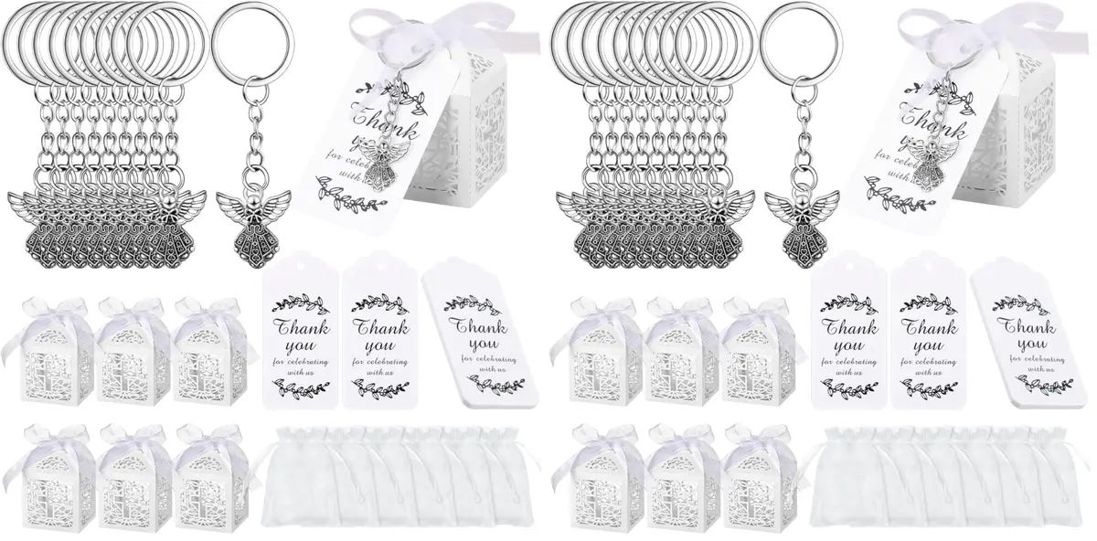 Bonuci Angel Keychain Baptism Favors Set with Organza Bags, Tags & Boxes | 30 Sets - main product image