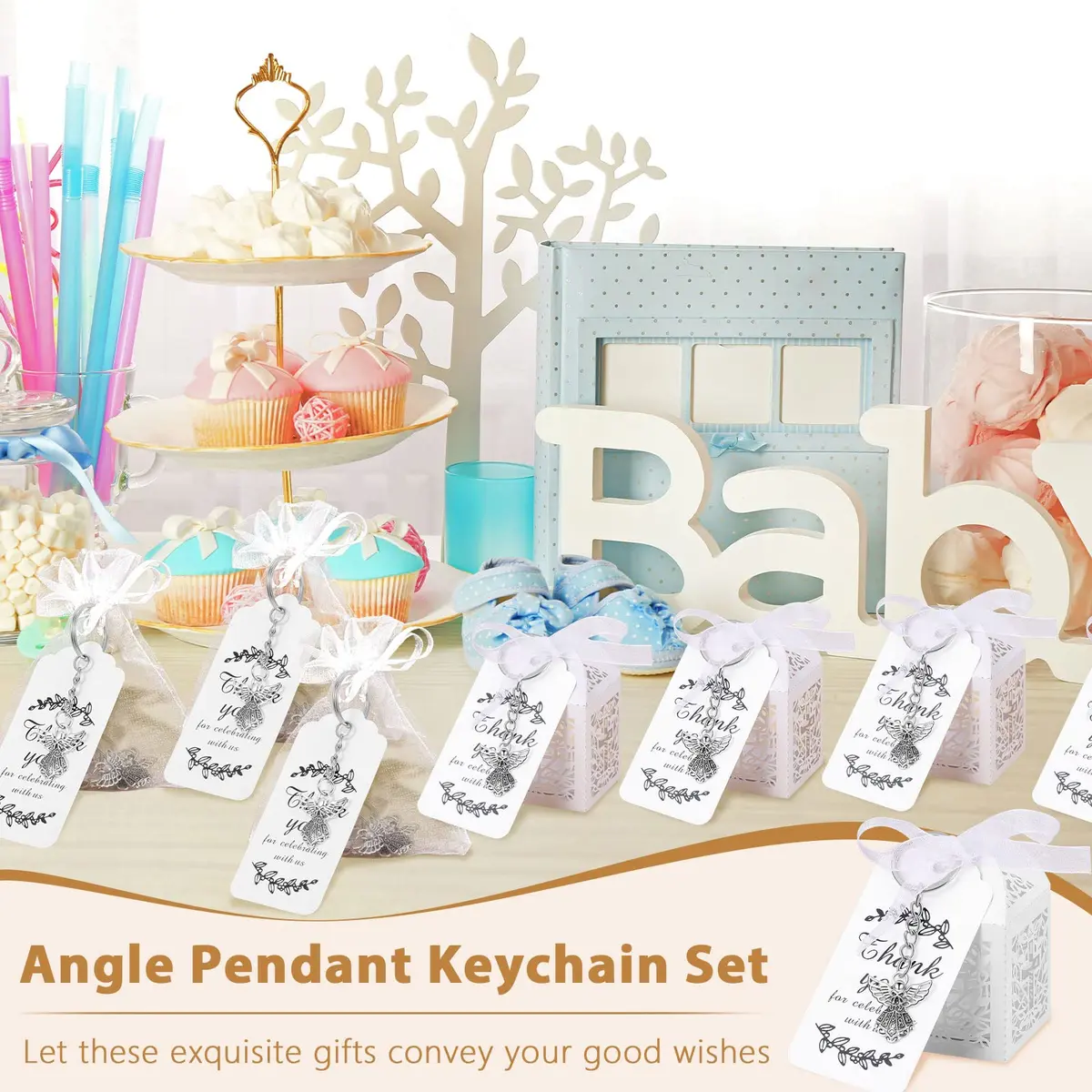 Bonuci Angel Keychain Baptism Favors Set with Organza Bags, Tags & Boxes | 30 Sets - view 5