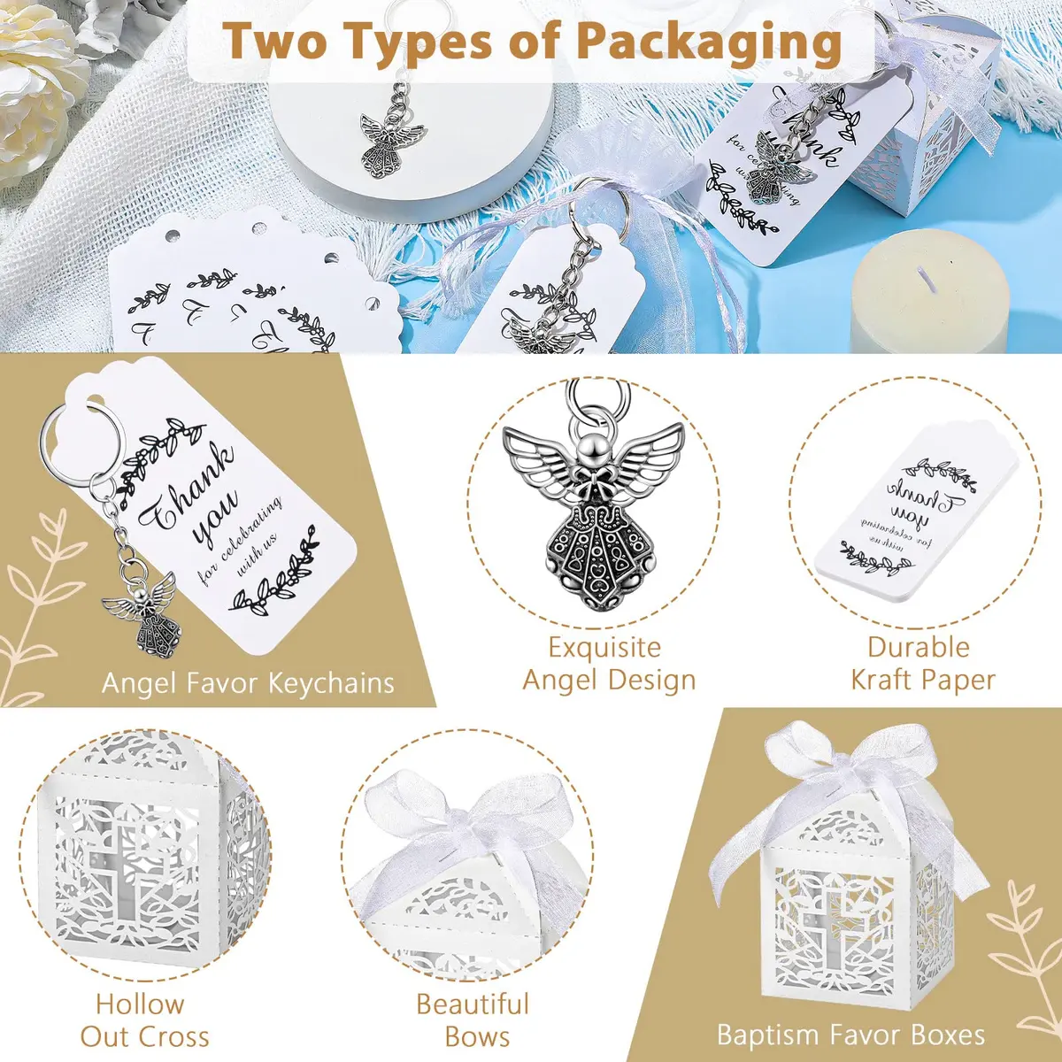 Bonuci Angel Keychain Baptism Favors Set with Organza Bags, Tags & Boxes | 30 Sets - view 3
