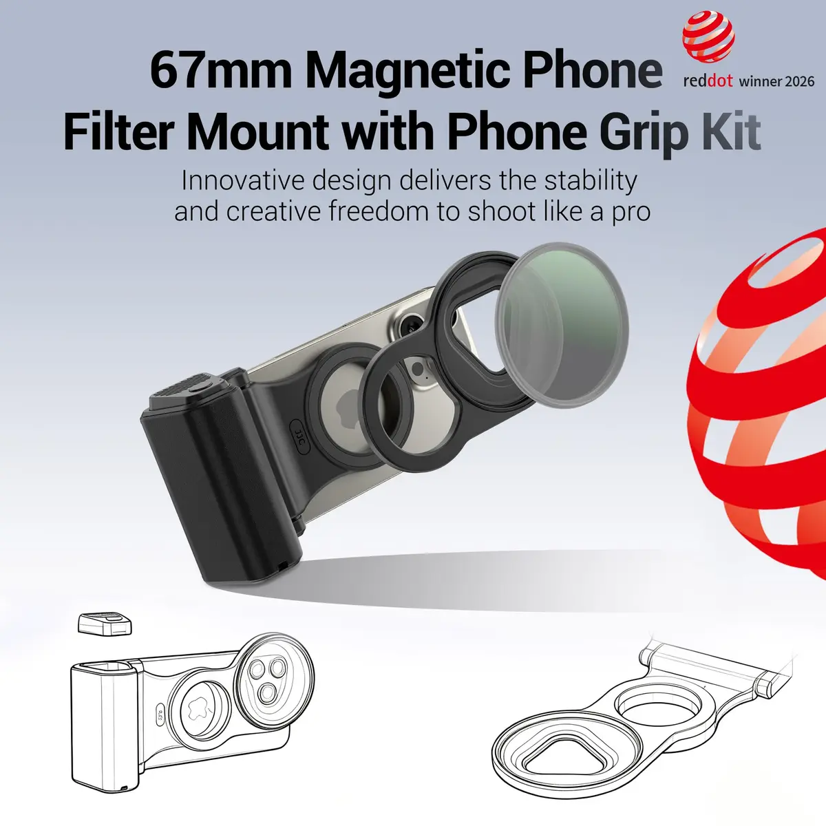 JJC Magnetic Phone Camera Grip with 67mm Filter Adapter Kit for iPhone 16 Pro 15 Pro 14 Pro | Vlogging & Filmmaking Support - view 2