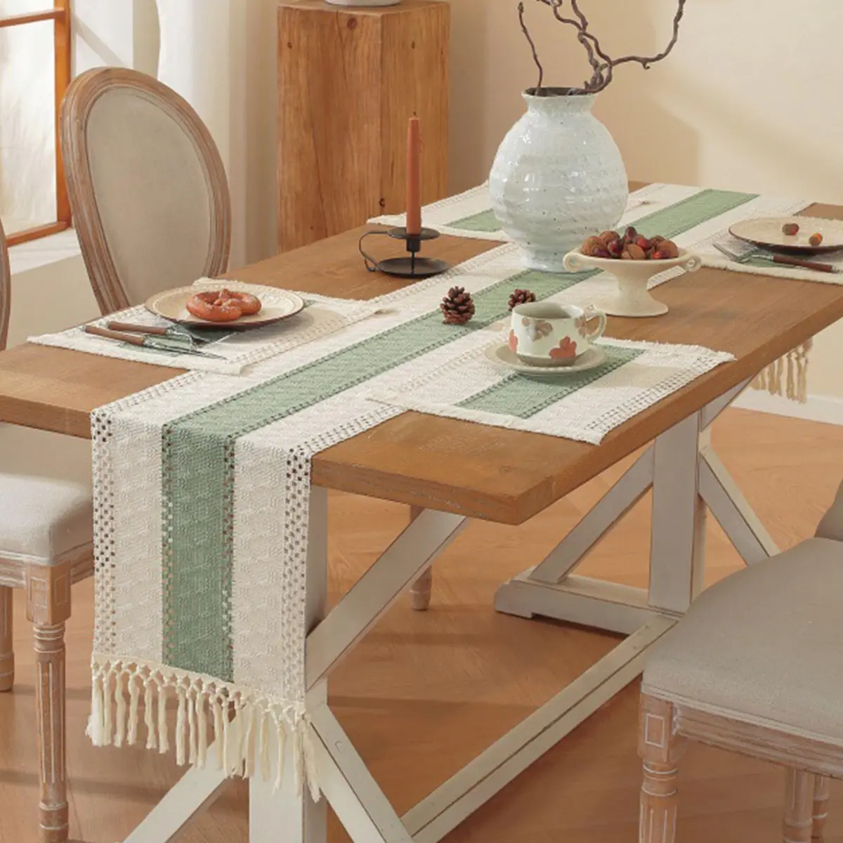 Niviy Sage Green Table Runner 72 Inches | Rustic Boho Summer Decor with Tassels - view 5
