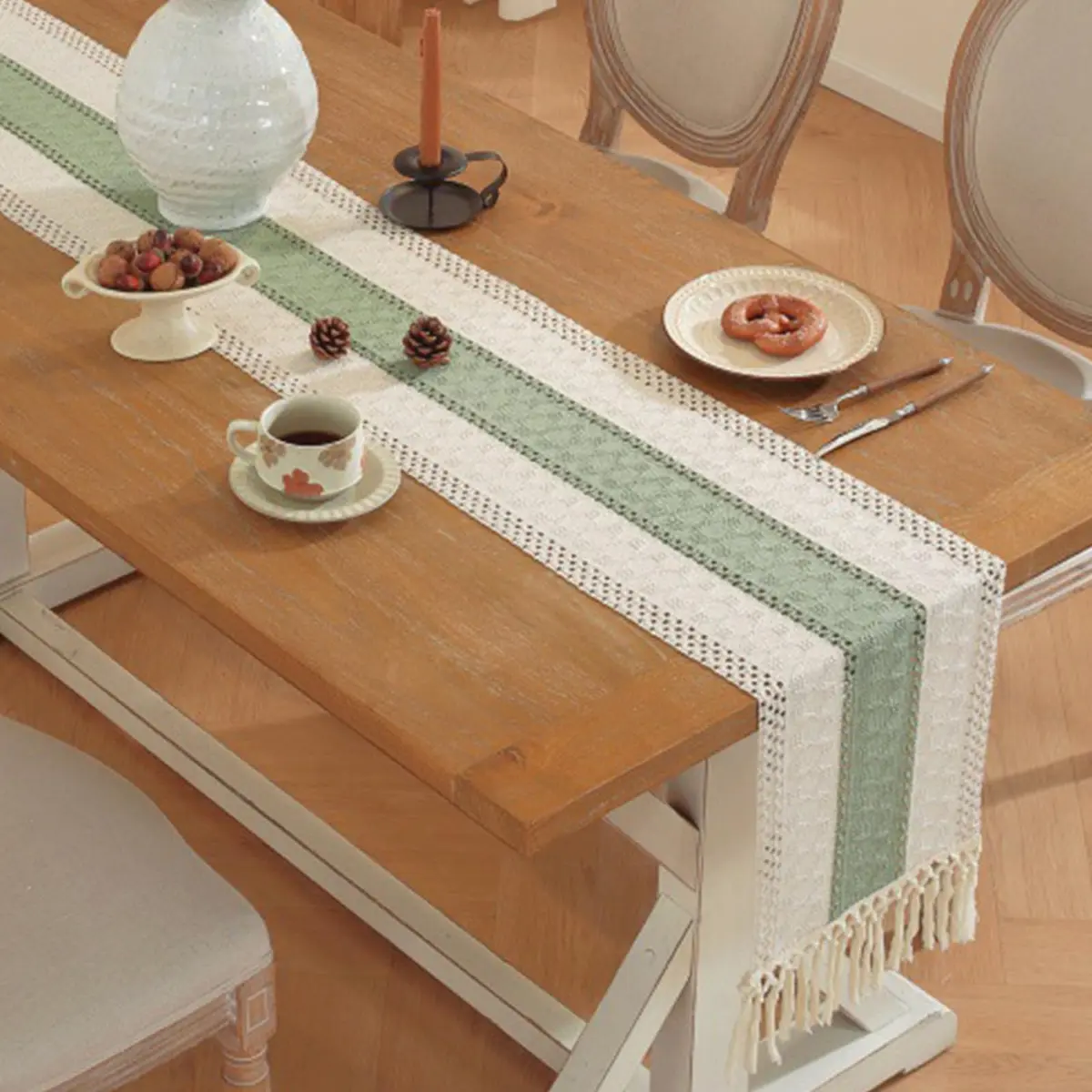 Niviy Sage Green Table Runner 72 Inches | Rustic Boho Summer Decor with Tassels - view 6