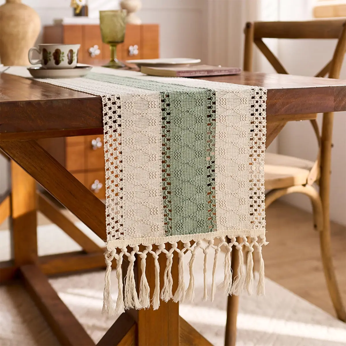 Niviy Sage Green Table Runner 72 Inches | Rustic Boho Summer Decor with Tassels - view 7