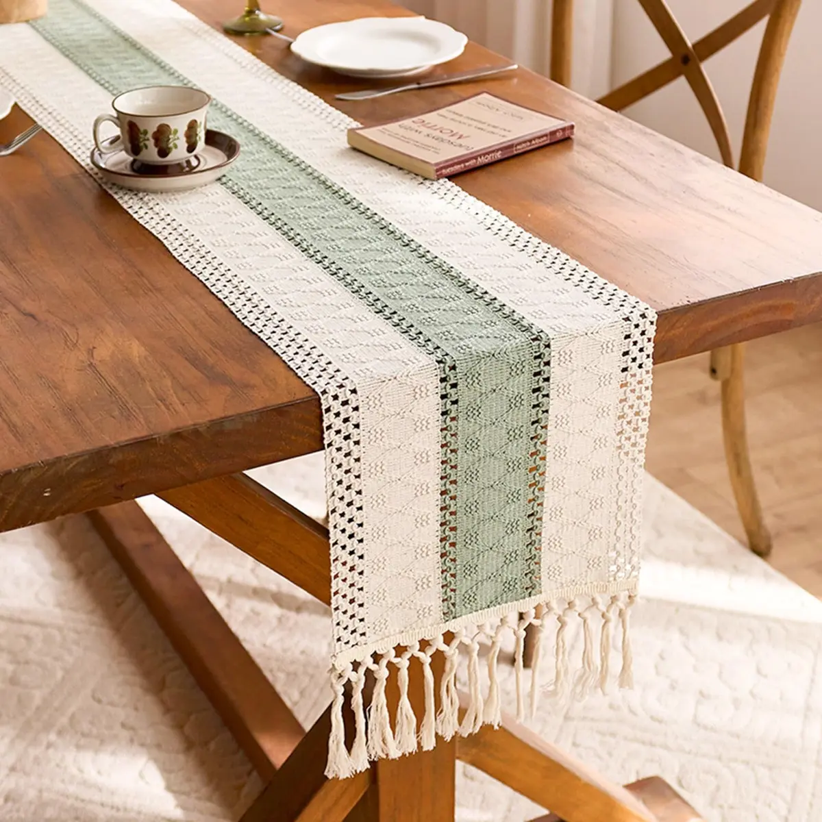Niviy Sage Green Table Runner 72 Inches | Rustic Boho Summer Decor with Tassels - view 2