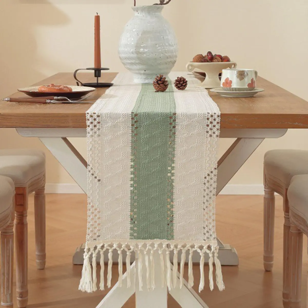 Niviy Sage Green Table Runner 72 Inches | Rustic Boho Summer Decor with Tassels - view 3