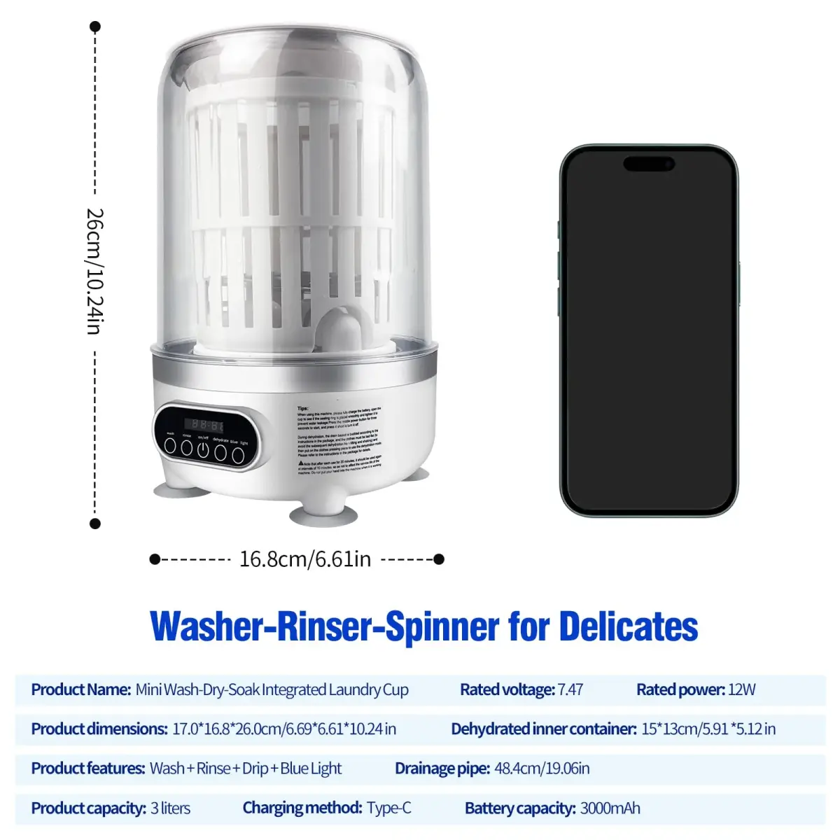 SUNHAIXIA Portable Mini Washing Machine 3L (0.8 Gallons) | Imitation Hand Wash & UV Cleaning for Baby Clothes & Underwear - view 5