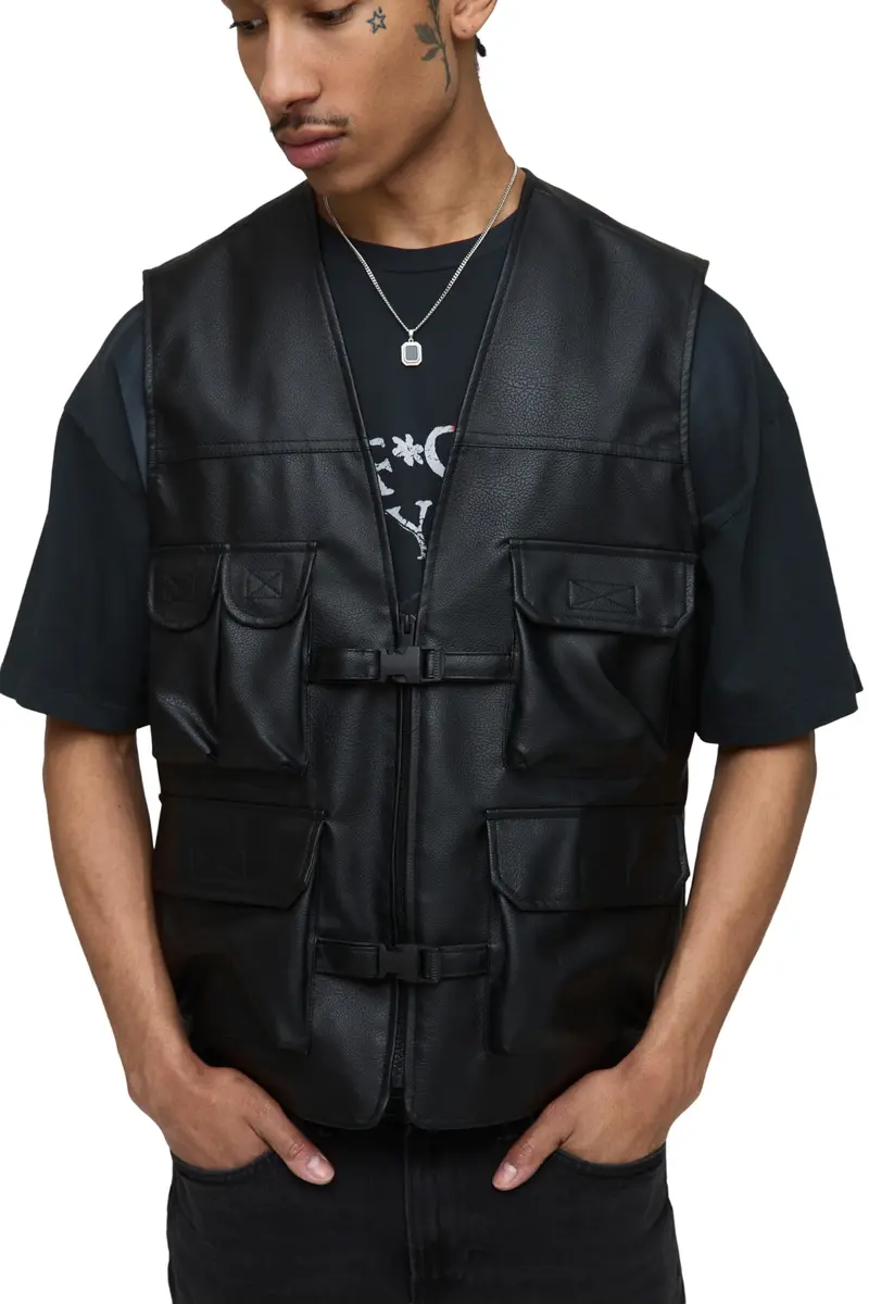 boohooMAN Pu Utility Vest | Regular Fit, Faux Leather Look, X-Small, Black - main product image