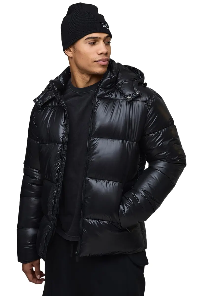 boohooMAN Regular Fit High Shine Puffer Jacket in Black | Glossy, Warm & Weather-Resistant - main product image
