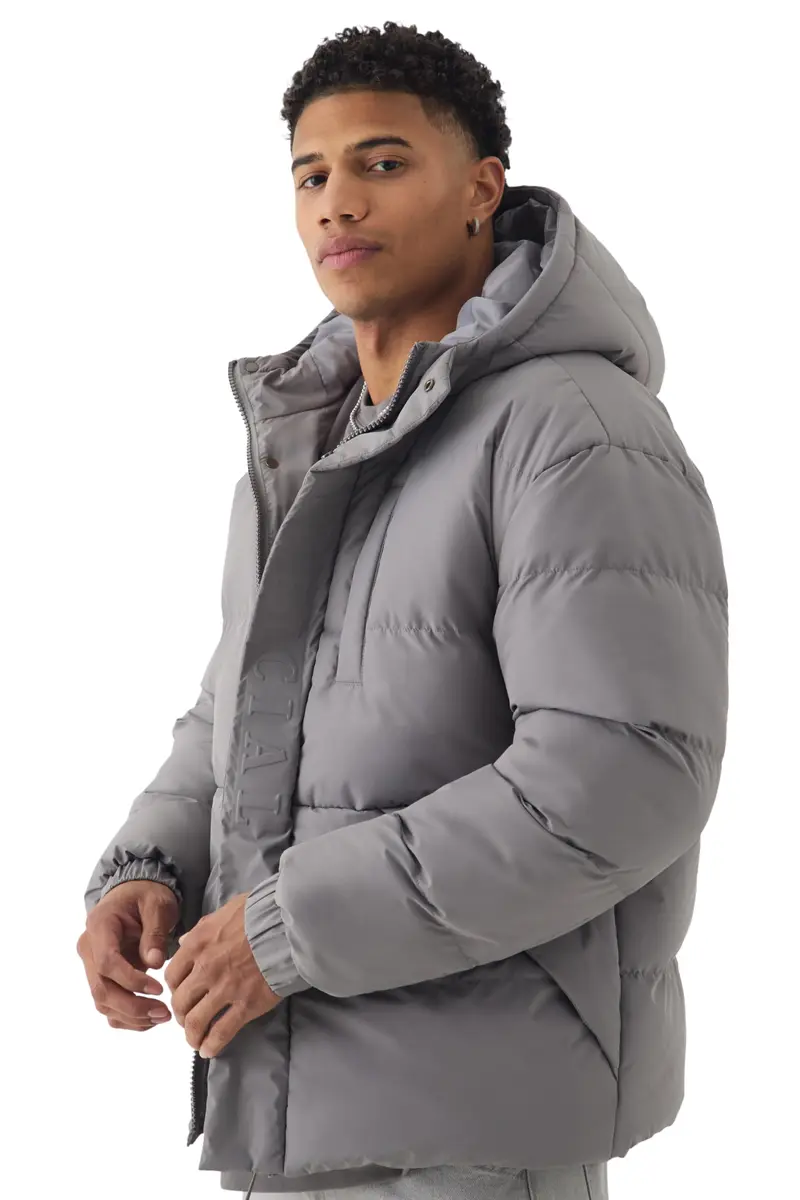 boohooMAN Regular Fit Embossed Hooded Puffer Coat in Charcoal | Sporty, Weather-Ready & Comfortable - main product image