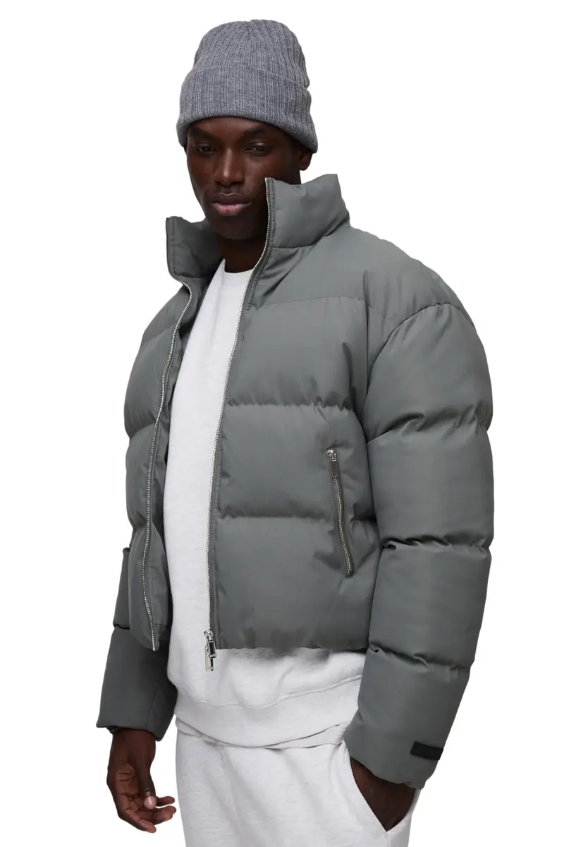 boohooMAN Man Boxy Fit Funnel Neck Puffer Coat in Grey | Windproof & Weather-Resistant - main product image