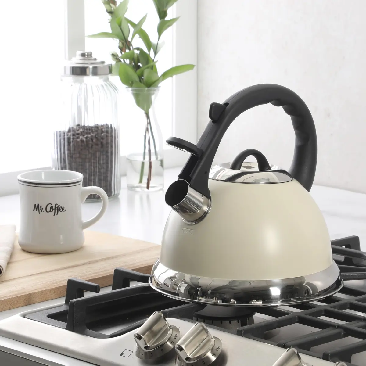 Mr. Coffee Clarefield 2.4 Qt Whistling Tea Kettle – Linen White Stovetop Water Kettle with Lid, Heat-Resistant Nylon Handle and Knob, Stainless Steel Trim - view 2