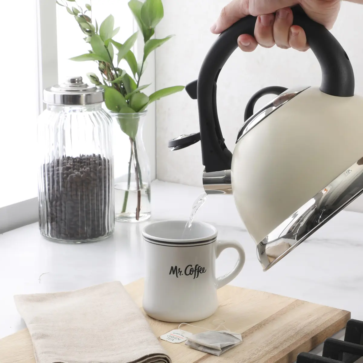 Mr. Coffee Clarefield 2.4 Qt Whistling Tea Kettle – Linen White Stovetop Water Kettle with Lid, Heat-Resistant Nylon Handle and Knob, Stainless Steel Trim - view 3