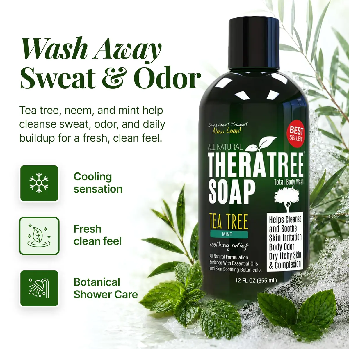 Oleavine TheraTree Tea Tree Oil Body Wash & Foot Wash - Mint - Natural Cleansing Gel for Daily Skin & Body Care - Soothing & Refreshing Formula for Men & Women, 12 Fl Oz (2 Pack) - view 4