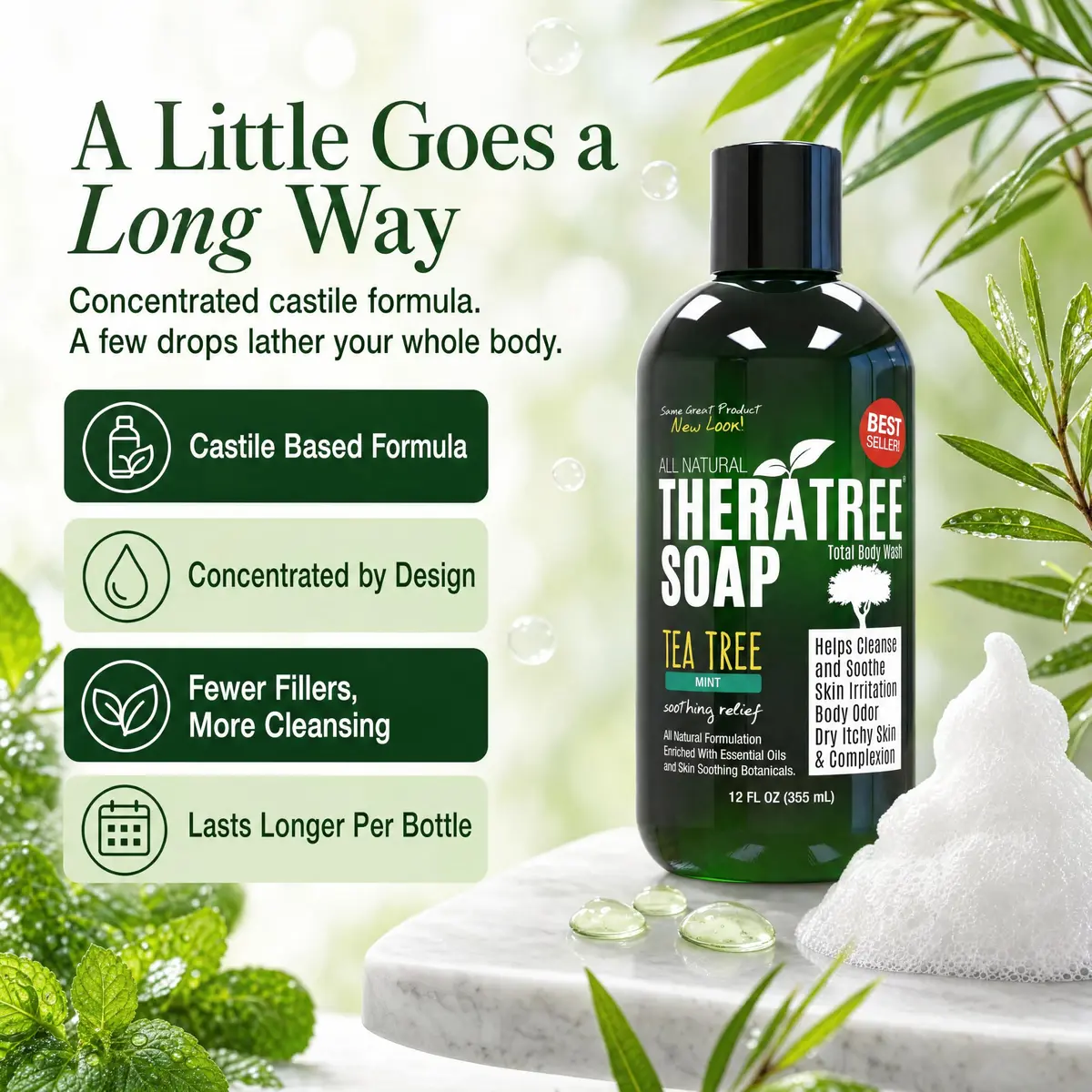 Oleavine TheraTree Tea Tree Oil Body Wash & Foot Wash - Mint - Natural Cleansing Gel for Daily Skin & Body Care - Soothing & Refreshing Formula for Men & Women, 12 Fl Oz (2 Pack) - view 5