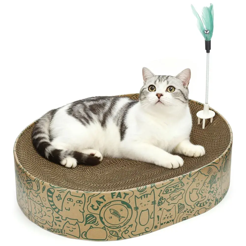 ARGOPET Oval Cat Scratcher Bed with Toy | 43cm (17in) Curved Cardboard Lounger for Indoor Cats - main product image