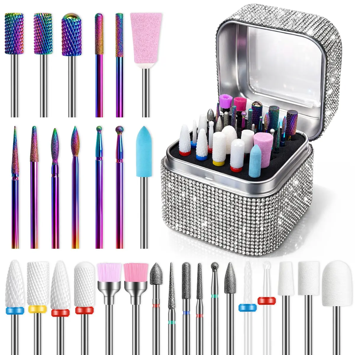 Rolokit 30PCS Nail Drill Bits Set for Hard Gel Removal | Ceramic & Tungsten Carbide with Rhinestones Case - main product image