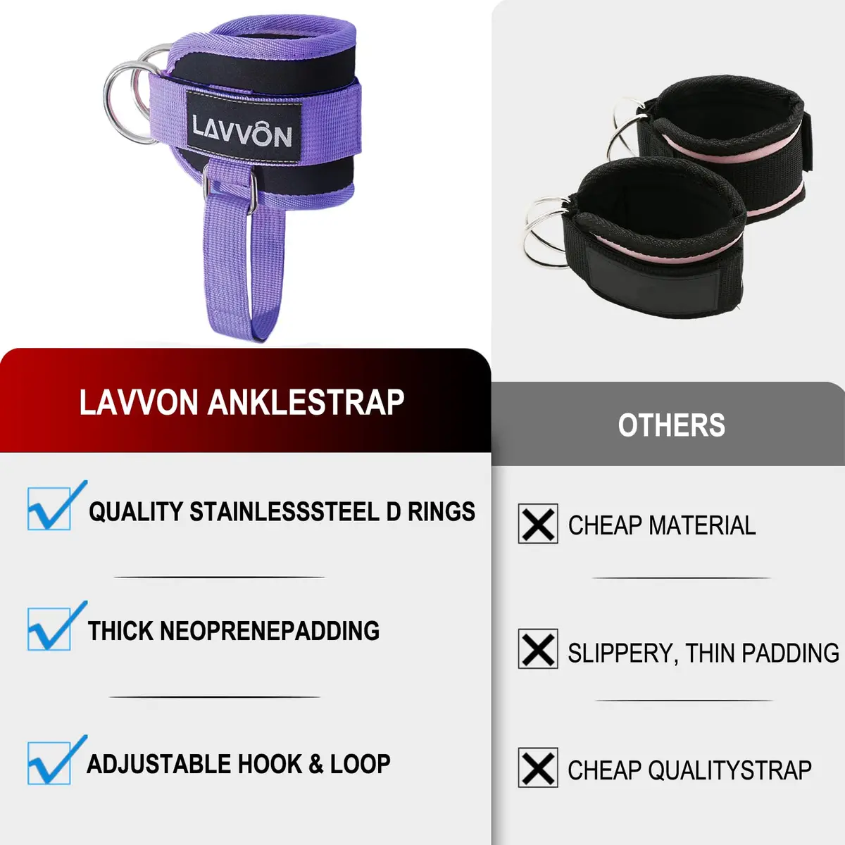 LAVVON Padded Ankle Straps for Cable Machines Kickbacks - Glute Workout Cuffs (Pair, Purple) | Secure Fit for Lower Body Strength - view 7