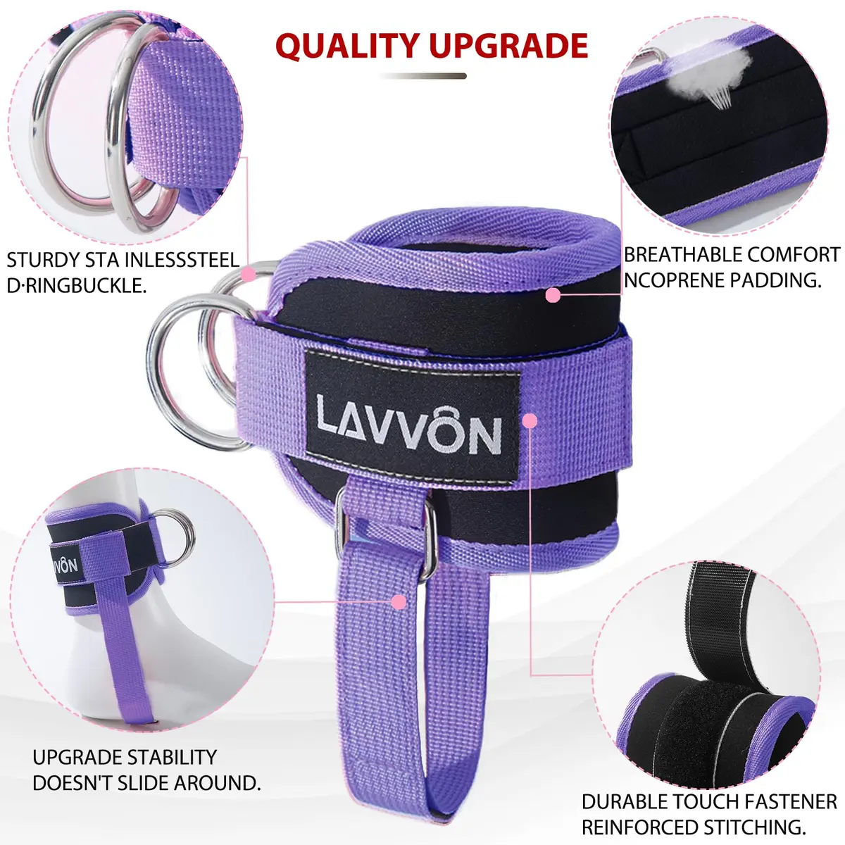 LAVVON Padded Ankle Straps for Cable Machines Kickbacks - Glute Workout Cuffs (Pair, Purple) | Secure Fit for Lower Body Strength - view 3