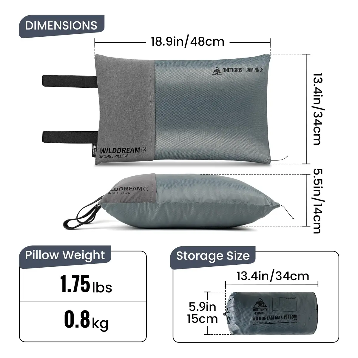 ONETIGRIS Wilddream Camping Pillow, Shredded Memory Foam, Compact 48cm (18.4") x 34cm (13.4") x 15cm (5.9") | All-Season Comfort for Backpacking & Travel - view 3
