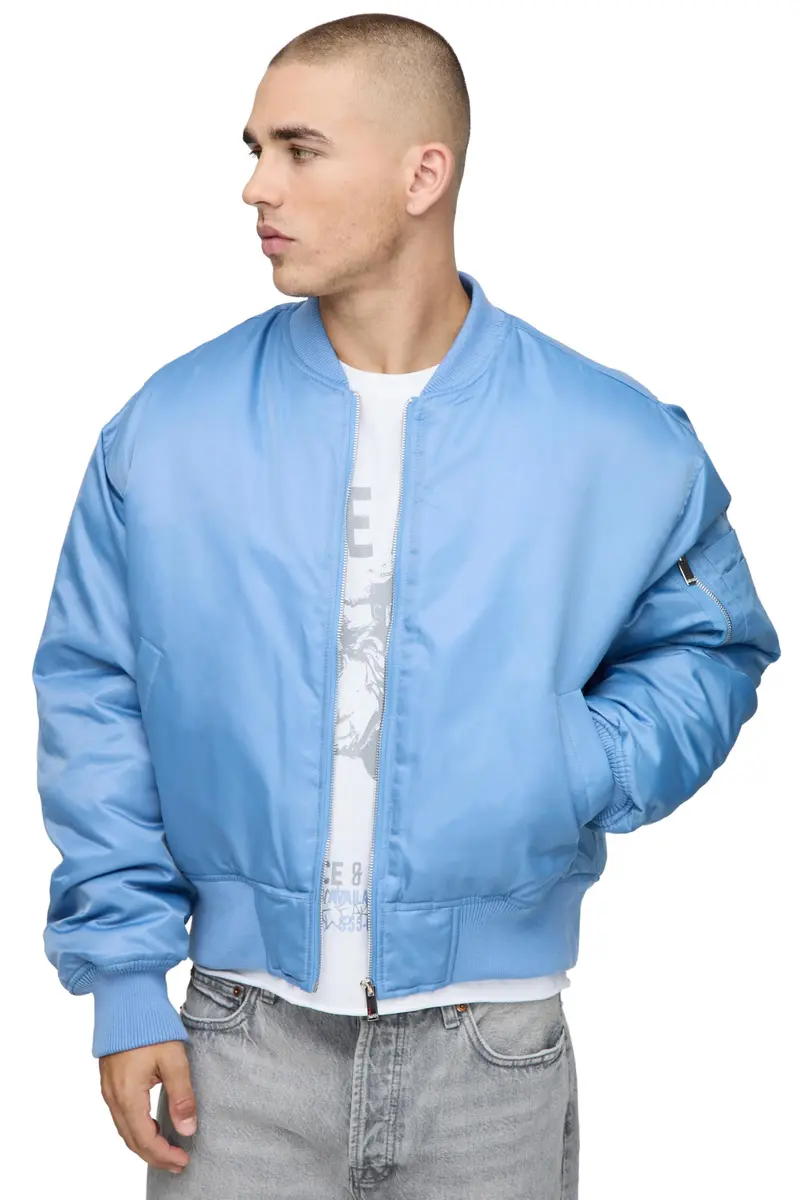 boohooMAN Oversized Boxy Curved Hem Nylon Bomber Jacket | Blue, Medium, Fall - main product image