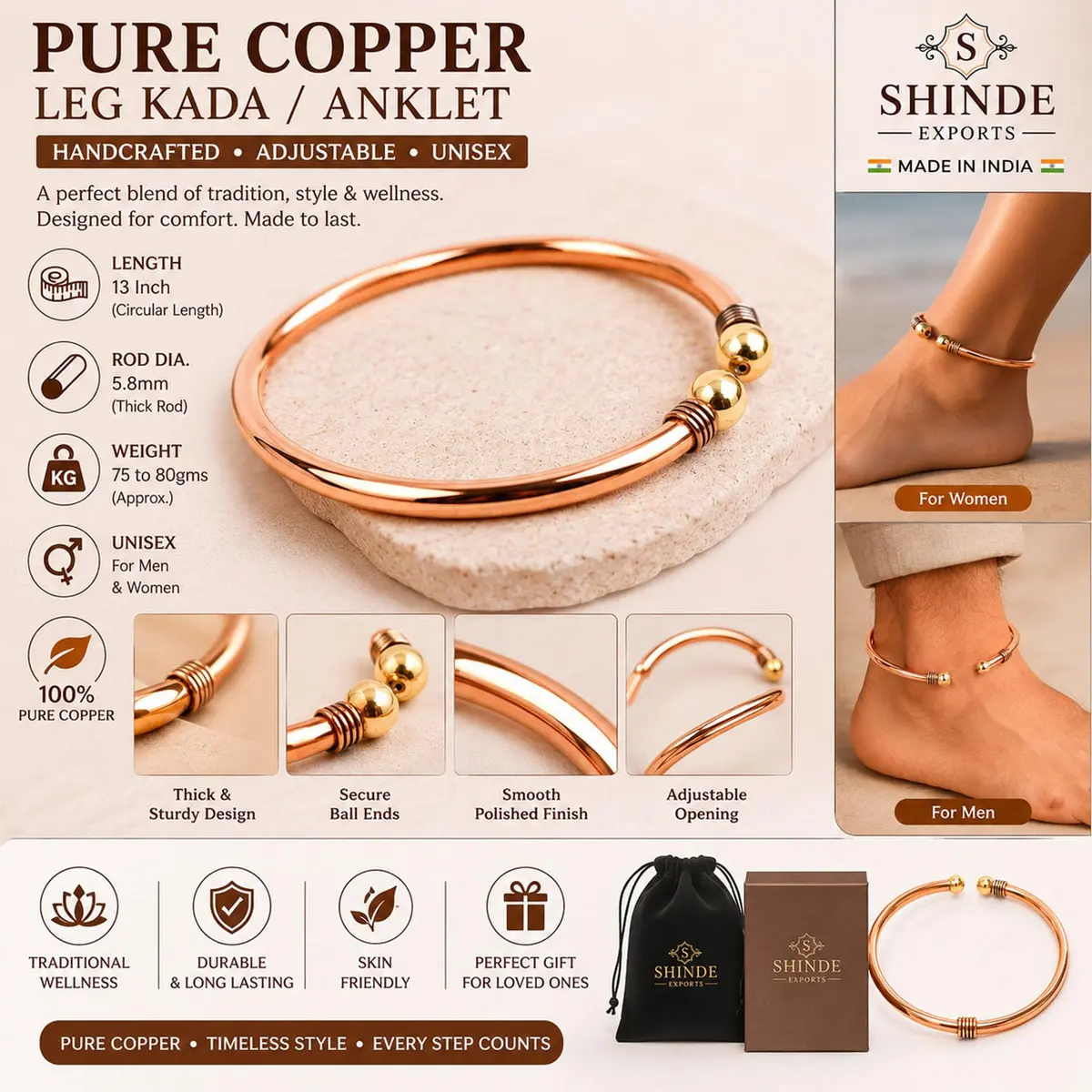 SHINDE EXPORTS Pure Copper Leg Anklet Bracelet Kada 75gms (6mm Rod) | Adjustable Unisex Indian Jewelry - view 2