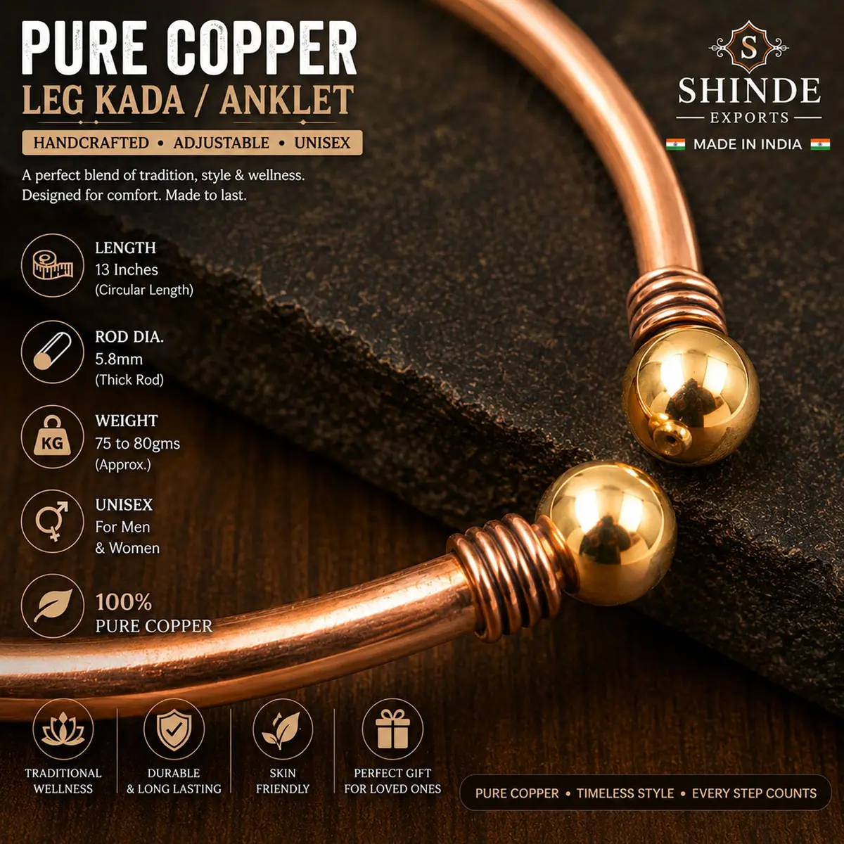 SHINDE EXPORTS Pure Copper Leg Anklet Bracelet Kada 75gms (6mm Rod) | Adjustable Unisex Indian Jewelry - view 4