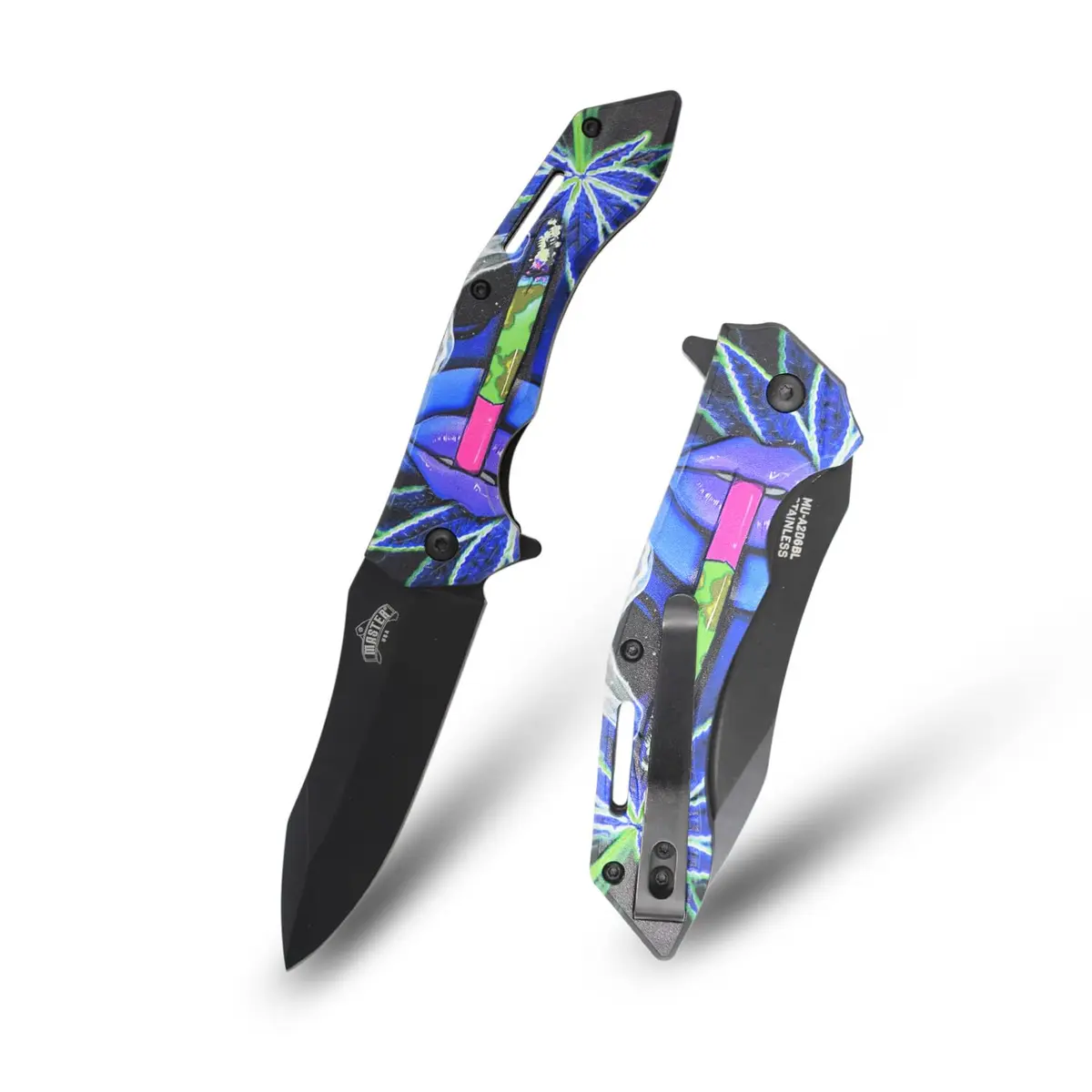 MASTER USA Folding Pocket Knife, 8 inch Overall Length, Floral Leaf Pattern Handle, Black 3.5 inch Blade, EDC (Blue) - main product image