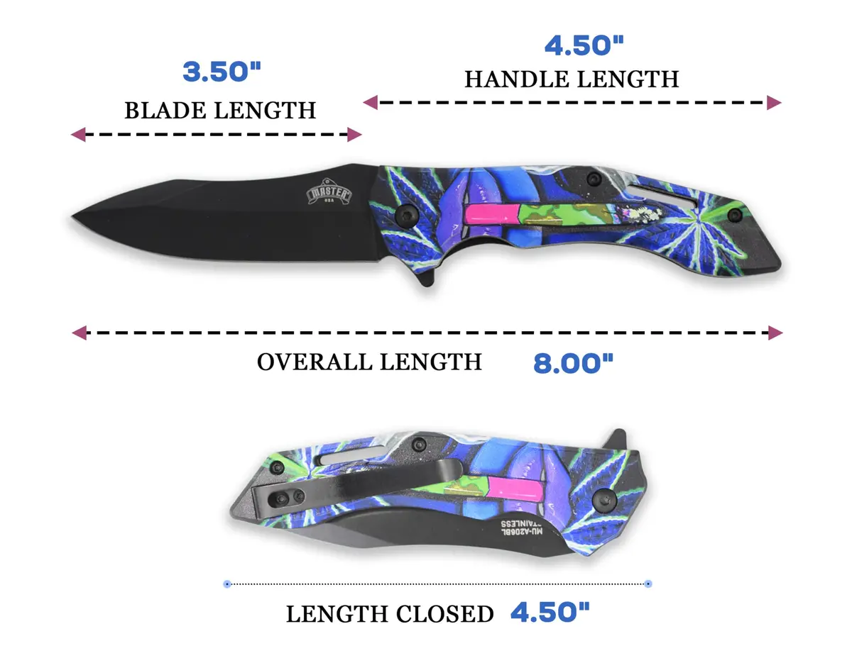 MASTER USA Folding Pocket Knife, 8 inch Overall Length, Floral Leaf Pattern Handle, Black 3.5 inch Blade, EDC (Blue) - view 2