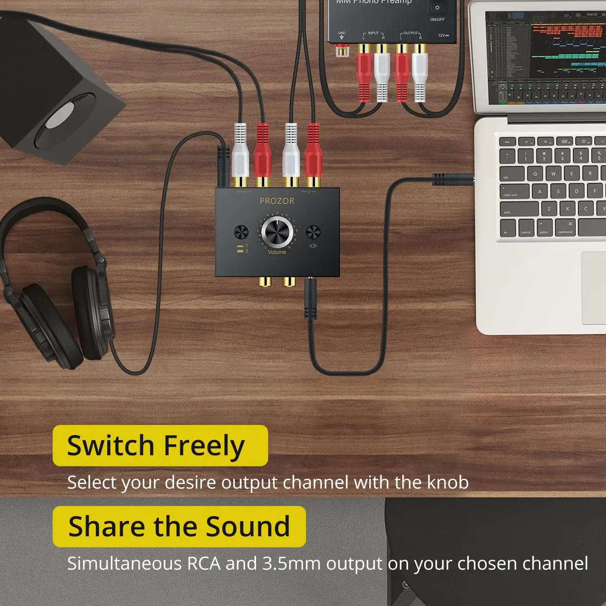 PROZOR Audio Signal Switch 3.5mm & RCA | Bi-Directional Stereo Selector, Passive, All-Metal, Compact - view 3