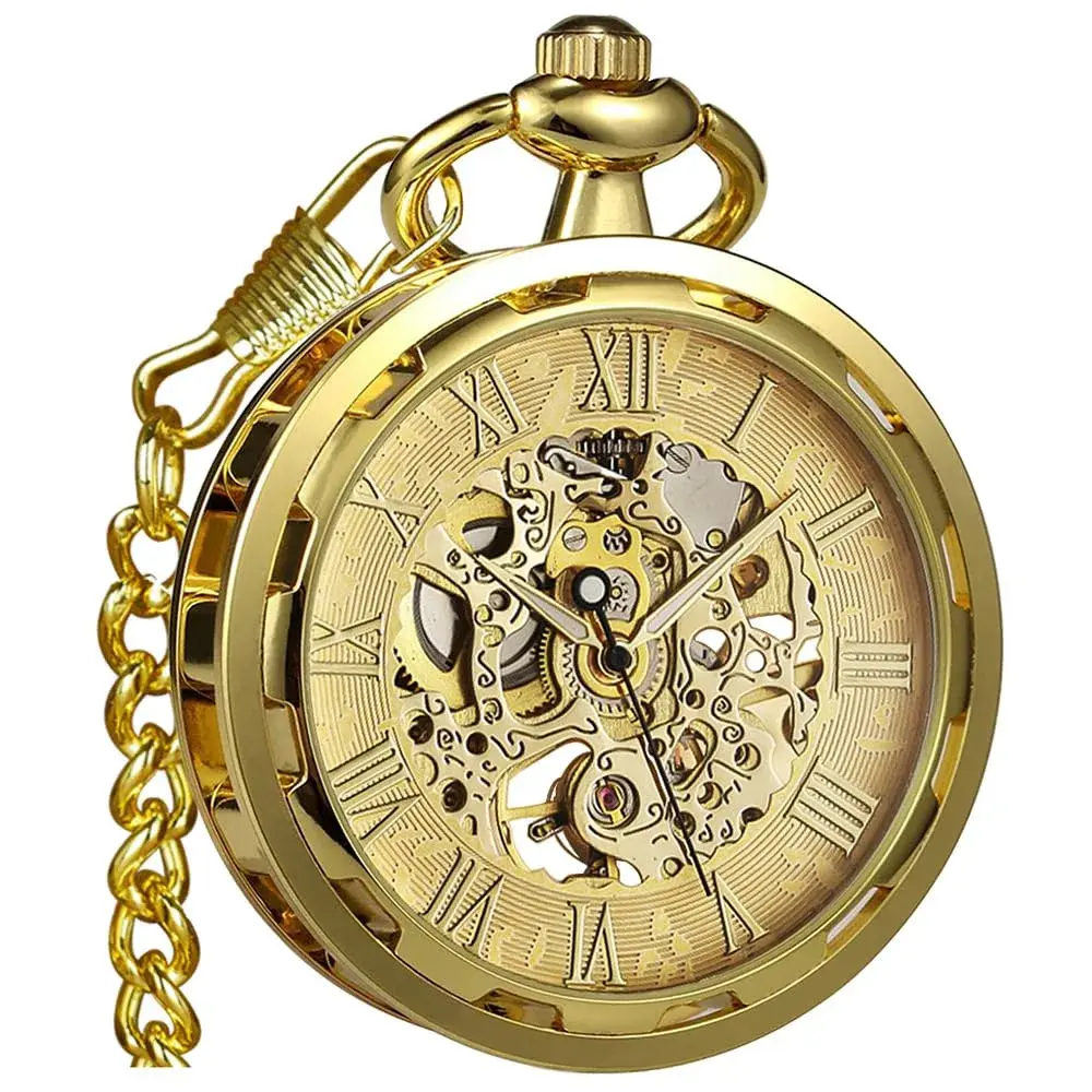VIGOROSO Vintage Mechanical Pocket Watch with Chain | 4.3 cm (1.75 Inch) Case | Gold & Roman Numeral Dial - main product image